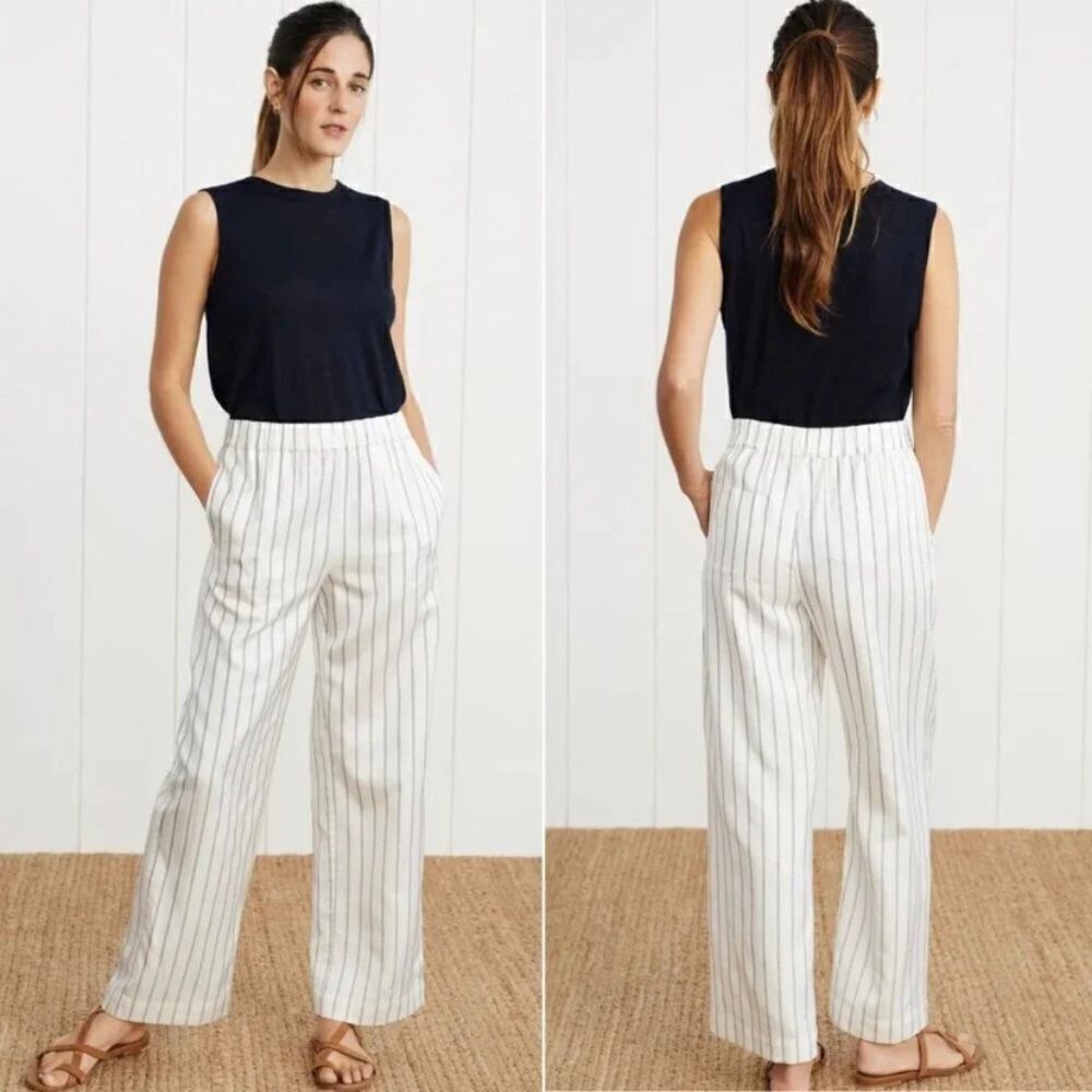 Jenni Kayne Bianca White Pants Straight Leg Navy Strips Size XS